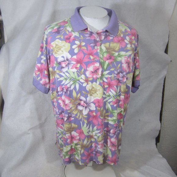 Roamans Women Polo Shirt Hawaiian print XL floral golf lavender pink vintage - Picture 3 of 11